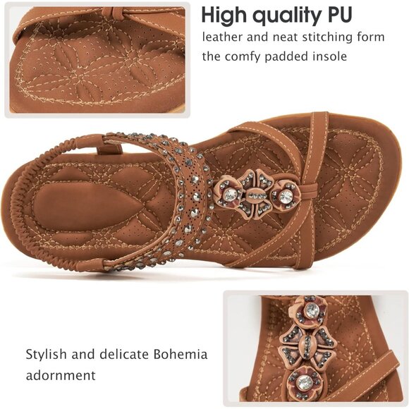 Womens Brown Leather Casual Beach Summer Jeweled Bohemian Flats Sandals - Picture 2 of 5